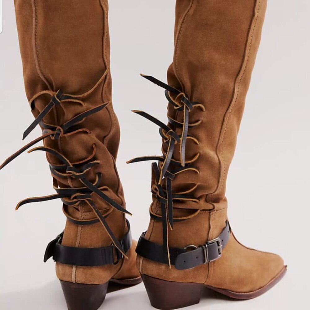 NWOB Free People Black Lace Sway Low Slouchy Suede Leather Knee High Boots 6.5 - Picture 6 of 10